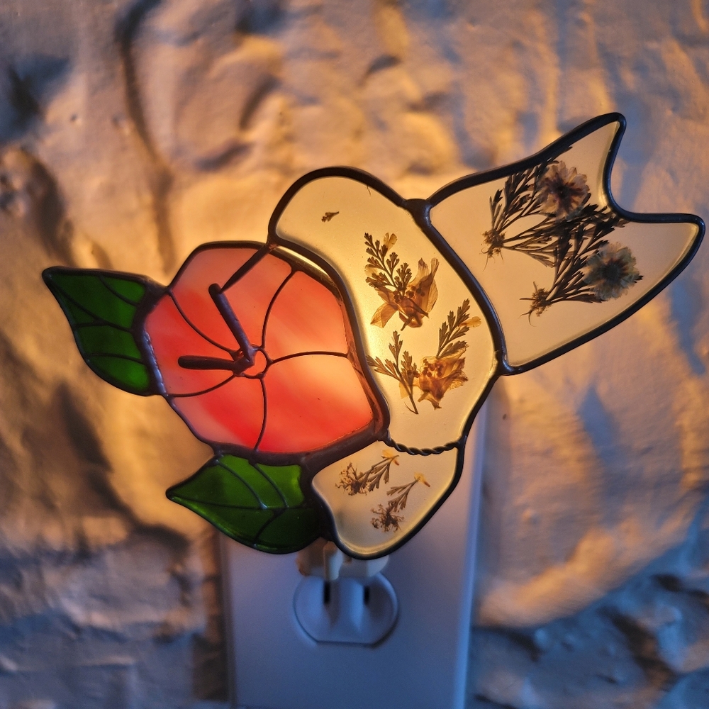 VTG Hummingbird Light Pressed Flowers Stained Glass